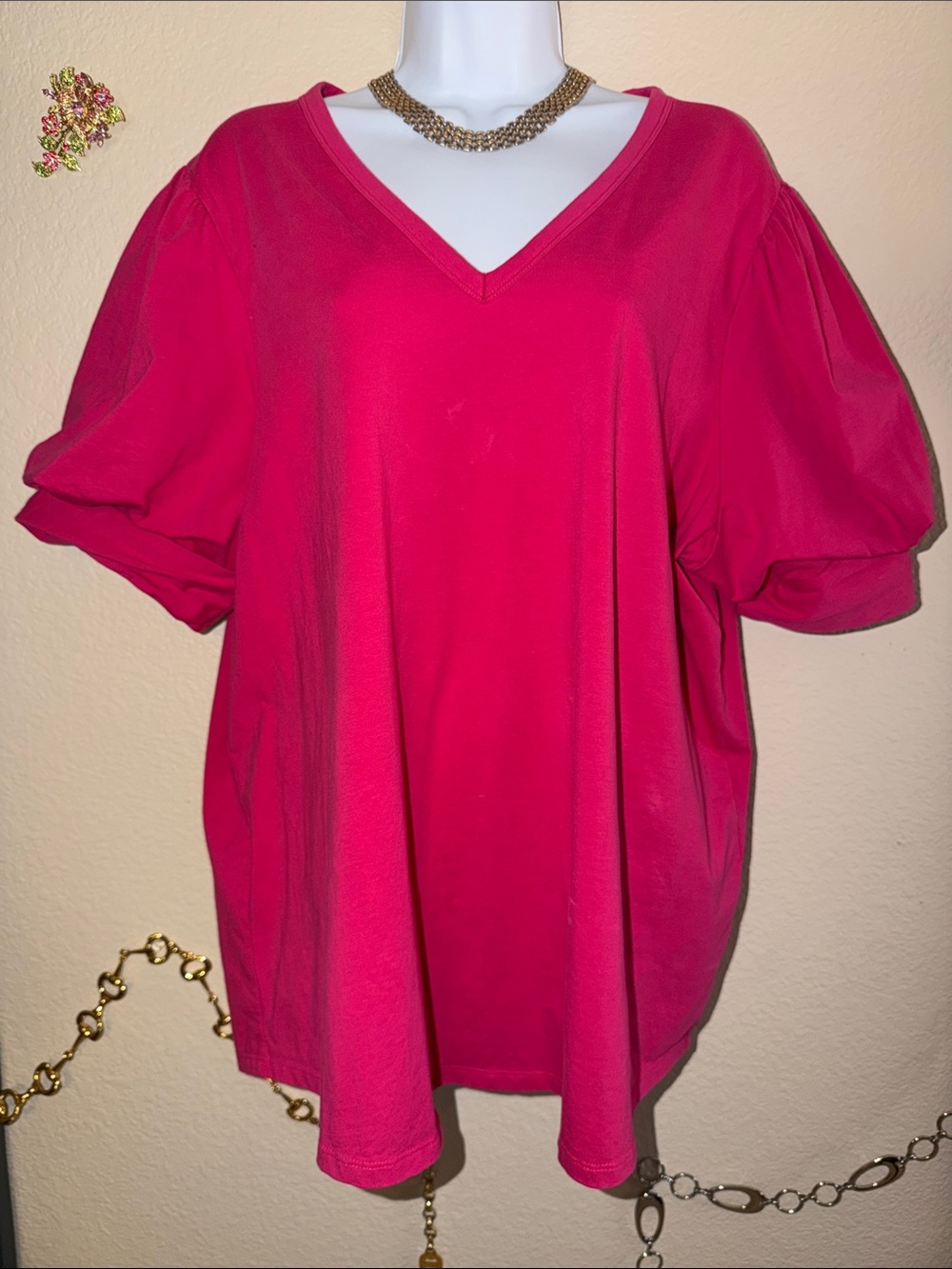 Chico’s Vibrant Pink Puff-Sleeve V-Neck Women's Top 4 2X 20 22 Plus Size Fushia